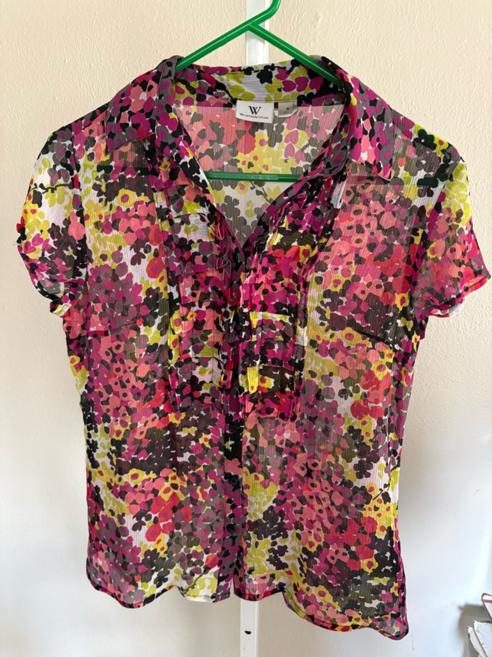Worthington Multicolor Pink Floral Short-Sleeve Ruffled Blouse